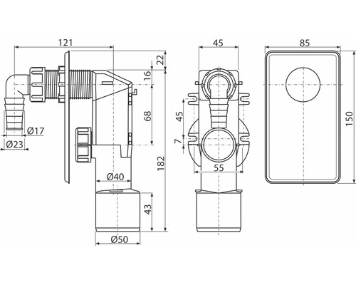 Technický výkres sifonu s rozměry