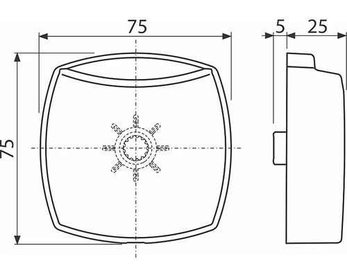 Technický nákres nástěnné rozety o průměru 75 milimetrů o rozměrech pět a 25 milimetrů.