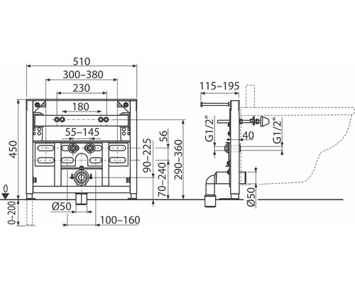 Rozměrový nákres instalačního modulu pro WC s příslušnými rozměry