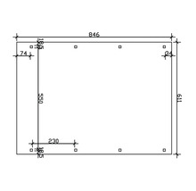 Technický výkres s rozměry: 846 x 611 mm, výška 550 mm