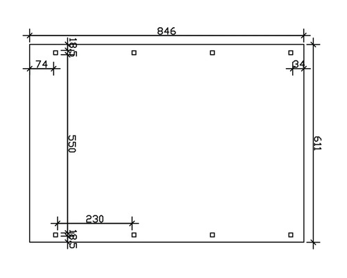 Technický výkres s rozměry: 846 x 611 mm, výška 550 mm