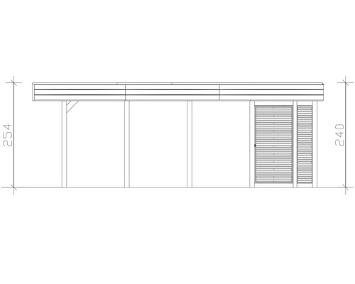 Technický nákres přístřešku pro auto o rozměrech 254 x 240 centimetrů.