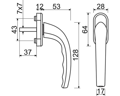 Technický výkres okenní kliky s rozměry