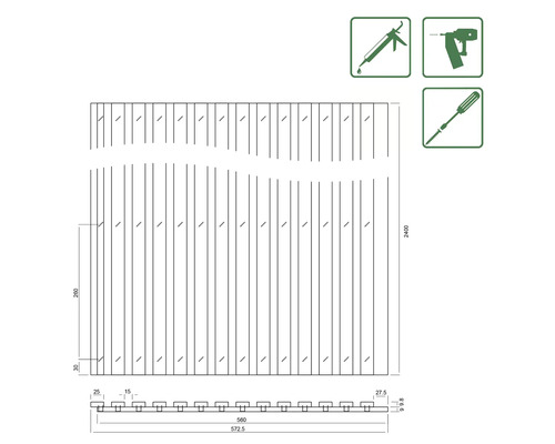 Technický nákres zástěny s rozměry a symboly nástrojů