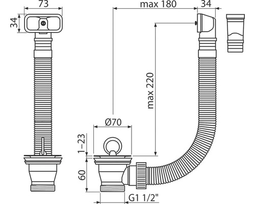 Technický výkres umyvadlového sifonu s rozměry
