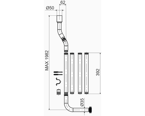 Technický nákres sifonové sady s rozměry