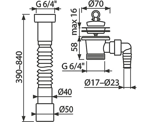 Technický nákres sifonu a vypouštěcí armatury s rozměry