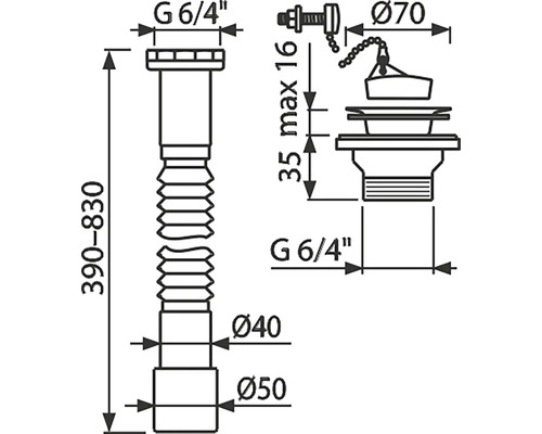 Technický nákres sifonu s rozměry