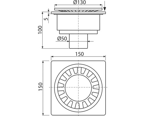 Technický nákres podlahového odtoku o rozměrech 150 x 150 milimetrů, výšce 100 milimetrů a průměru 130 milimetrů, respektive 50 milimetrů