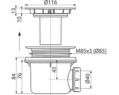 Technický výkres sifonu s rozměry