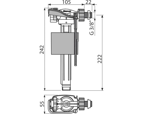 Technický nákres napouštěcího ventilu WC s rozměry