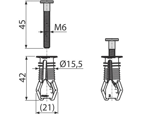 Technický nákres hmoždinky se šroubem a rozměry