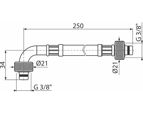 Technický výkres rohového konektoru s rozměry 250, 34 a průměrem 21 a závitem G 3/8 palce