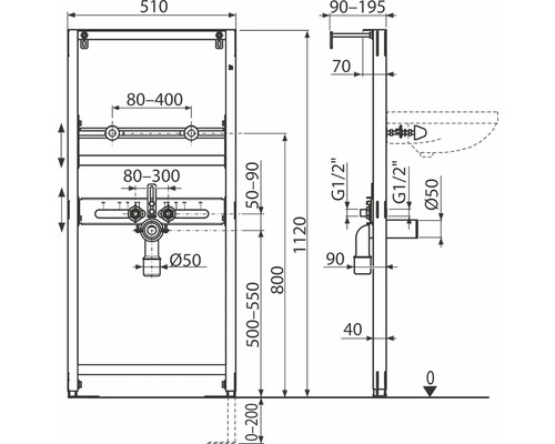Technický výkres předstěnové instalace s rozměry