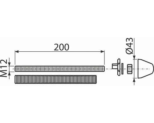Technický výkres závitového kolíku o rozměrech M12 a délce 200 mm a matice o průměru 43 mm.