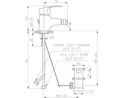 Technický výkres armatury s rozměry
