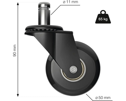 Kolečko k kancelářské židli o rozměrech 90 mm výška a 50 mm průměr, nosnost 65 kg
