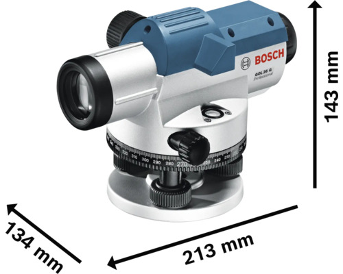 Stavební nivelační přístroj Bosch s rozměry 143 mm výška, 134 mm šířka a 213 mm délka.