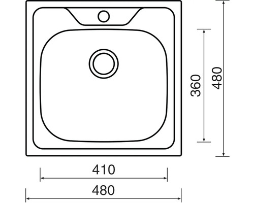 Nákres kuchyňského dřezu s rozměry 410 krát 480 milimetrů