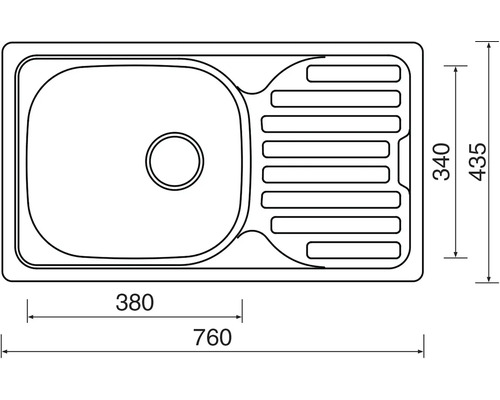 Výkres dřezu o rozměrech 760 x 435 milimetrů.