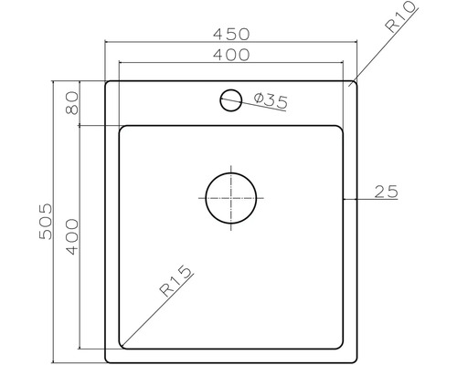 Technický nákres dřezu s rozměry