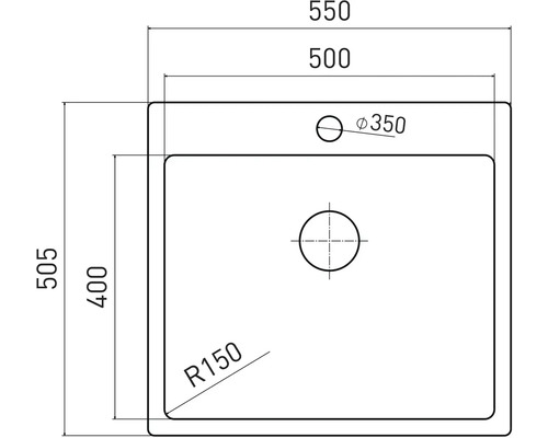 Technický nákres dřezu s rozměry