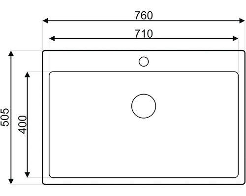Technický nákres obdélníkového umyvadla o rozměrech 760 x 505 mm