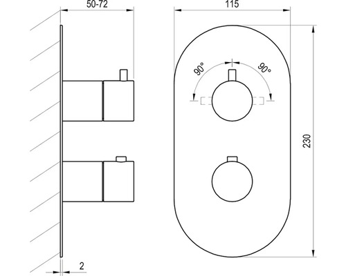 Technický nákres sprchové armatury s rozměry