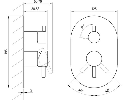 Technický výkres podomítkové armatury s rozměry