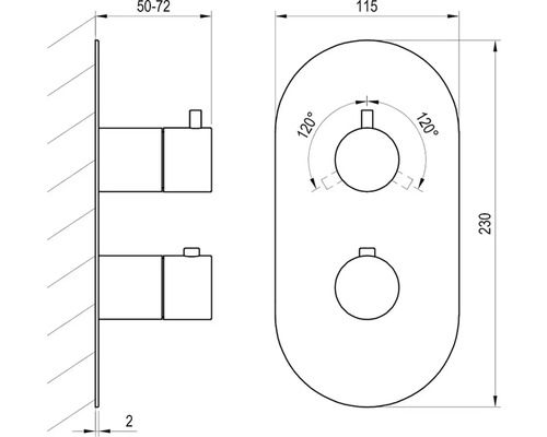 Technický výkres sprchové armatury s rozměry