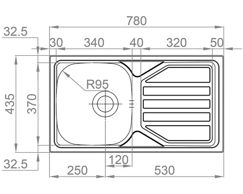 Nákres dřezu s rozměry