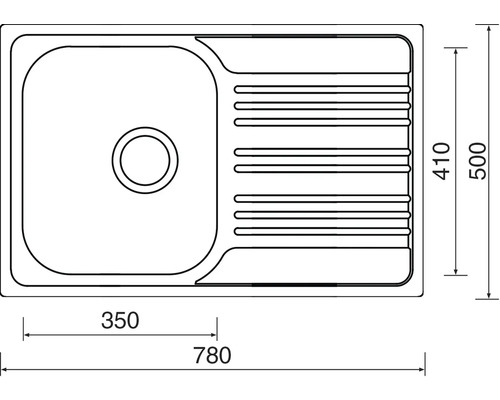 Technický nákres dřezu s rozměry.