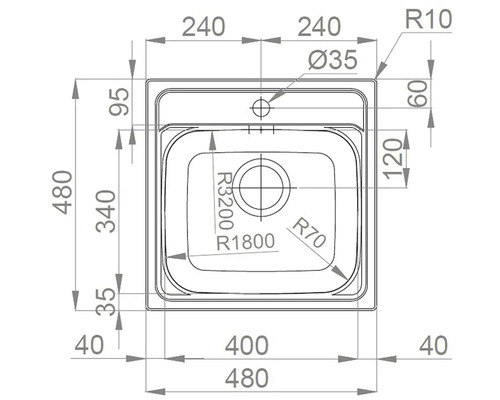 Technický výkres dřezu s rozměry