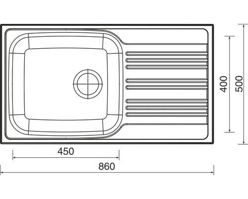Technický nákres dřezu s odkapávací plochou a rozměry