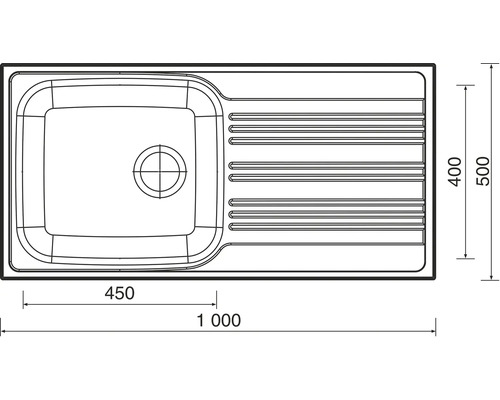 Technický nákres dřezu s odkapávací plochou o rozměrech 1000 x 500 milimetrů