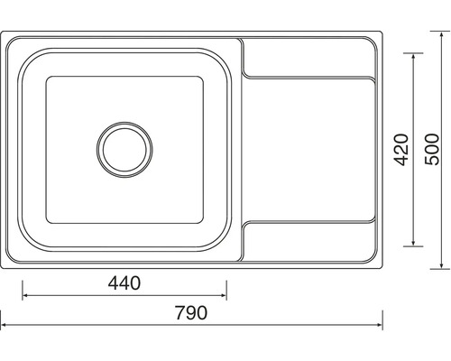 Technický nákres dřezu o rozměrech 790 krát 500 milimetrů.