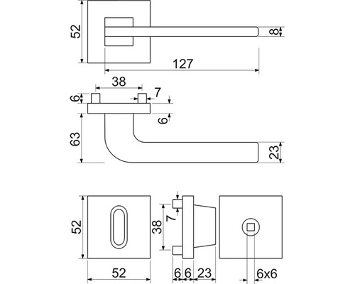 Technický výkres soupravy dveřního kování s rozměry