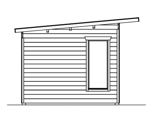 Ilustrace zahradního domku s pultovou střechou a oknem