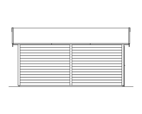Nákres zahradního domku s vodorovným dřevěným obložením.