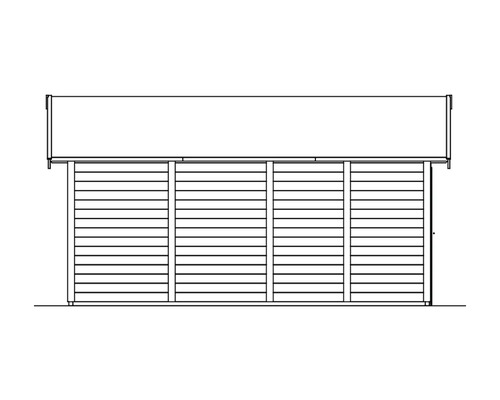 Detailní nákres zahradního domku s horizontálním dřevěným obkladem a střechou.