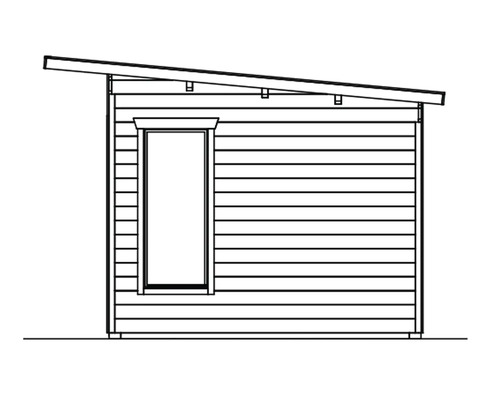 Ilustrace zahradního domku s oknem a pultovou střechou