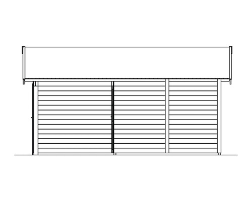 Nákres zahradního domku s dřevěnými stěnami a střechou