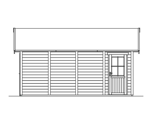 Ilustrace zahradního domku s dřevěnými dveřmi a vodorovným dřevěným obložením