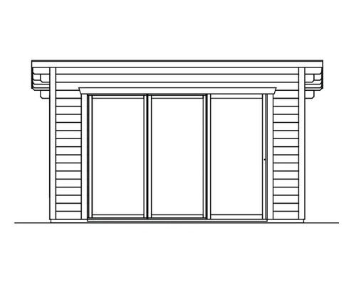 Ilustrace zahradního domku se třemi prosklenými posuvnými dveřmi