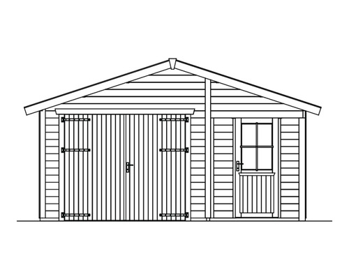 Ilustrace zahradního domku s dvoukřídlými dveřmi a bočními dveřmi