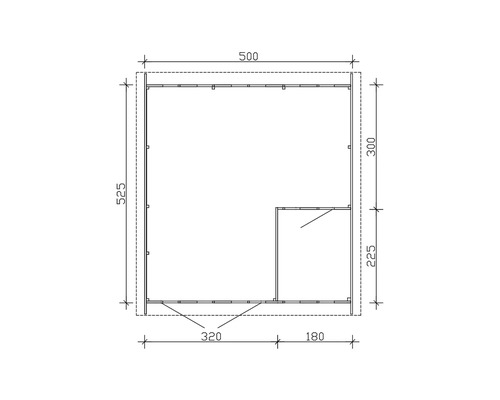 Půdorys zahradního domku s rozměry 500 x 525 cm