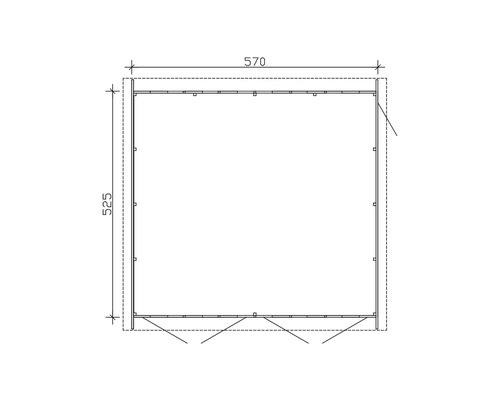 Technický výkres objektu o rozměrech 570 x 525.