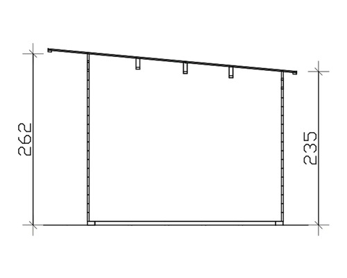 Technický nákres dřevěné kůlny s údaji o výšce