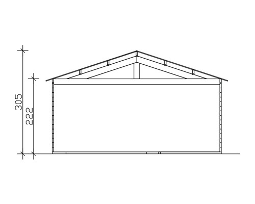 Nákres zahradního domku s rozměry výšky a šířky.