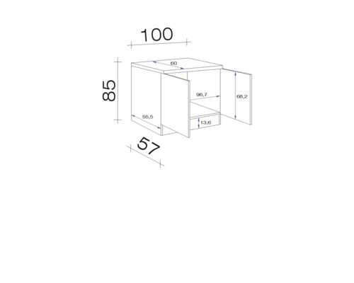 Technický nákres spodní skříňky s rozměry
